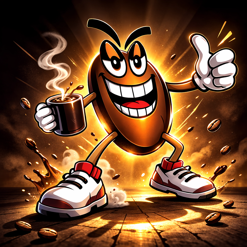 The Mean Bean mascot charging through sparks with a mug of coffee